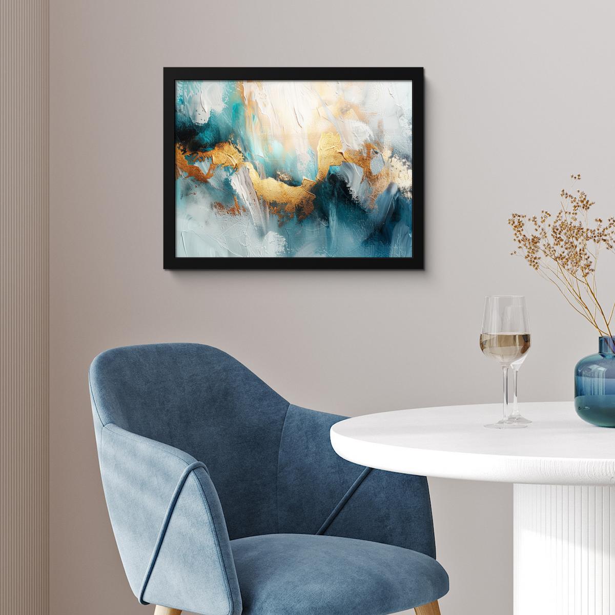 POSTER MIT RAHMENGERAHMTES BILD Abstrakt - Kunst - Gold - Blau 40x30 cm - Petrol, Papier (40/30cm) - MuchoWow