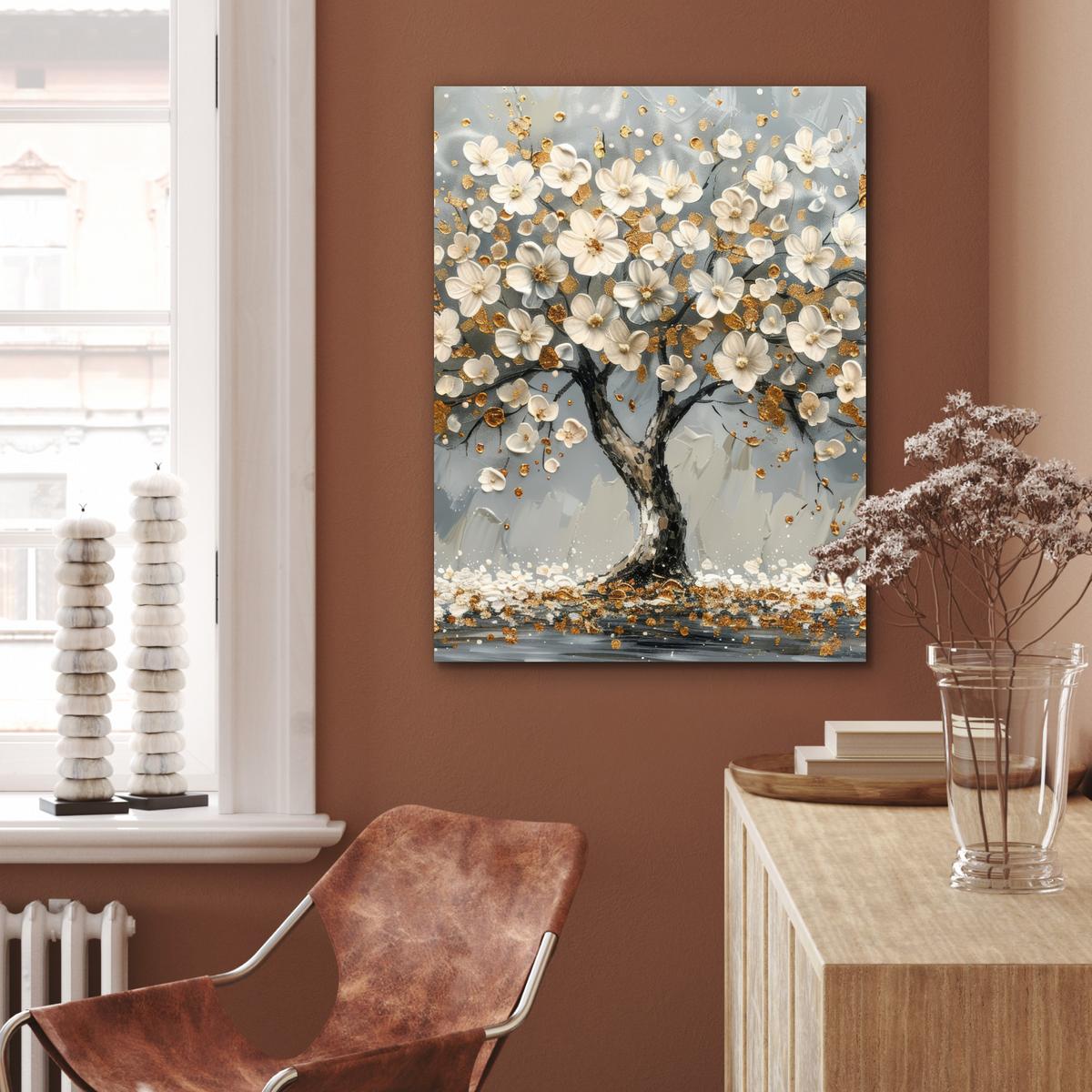 METALLBILD Baum - Blumen - Weiß - Natur - Kunst 60x80 cm - Weiß, Metall (60/80cm) - MuchoWow