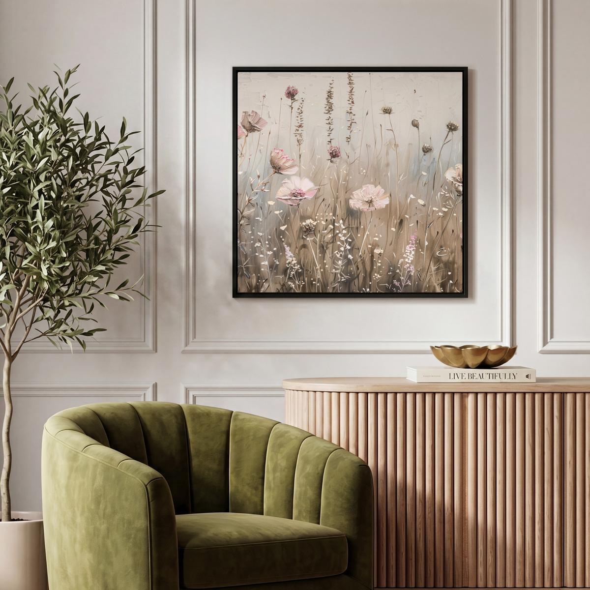 LEINWAND Bilder mit Rahmen - Blumen - Rosa - Modern - Beige - 50x50 - Beige, Textil (50/50cm) - MuchoWow