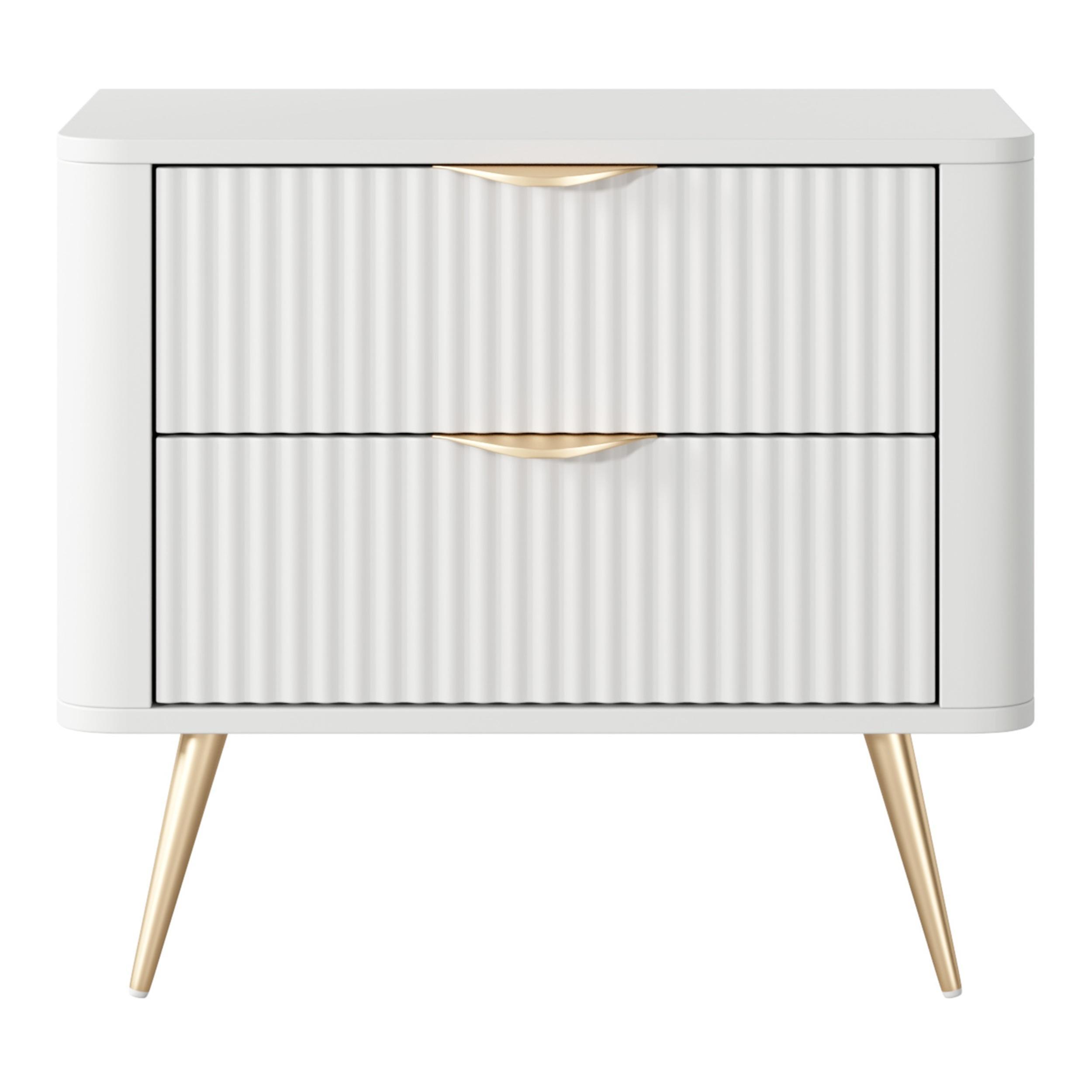 NACHTTISCH Vespasia 2S Beige 63,2/55,3/38 cm – Geriffelte Fronten - Goldfarben/Weiß, Holzwerkstoff/Metall (63.2/55.3/38cm) - AX Living