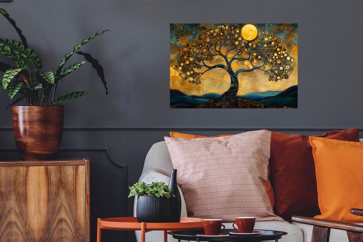 WANDTATTOO Baum - Mond - Blumen - Gold - Kunst Deko Wohnzimmer 60x40 cm - Orange, Kunststoff (60/40/0.1cm) - MuchoWow