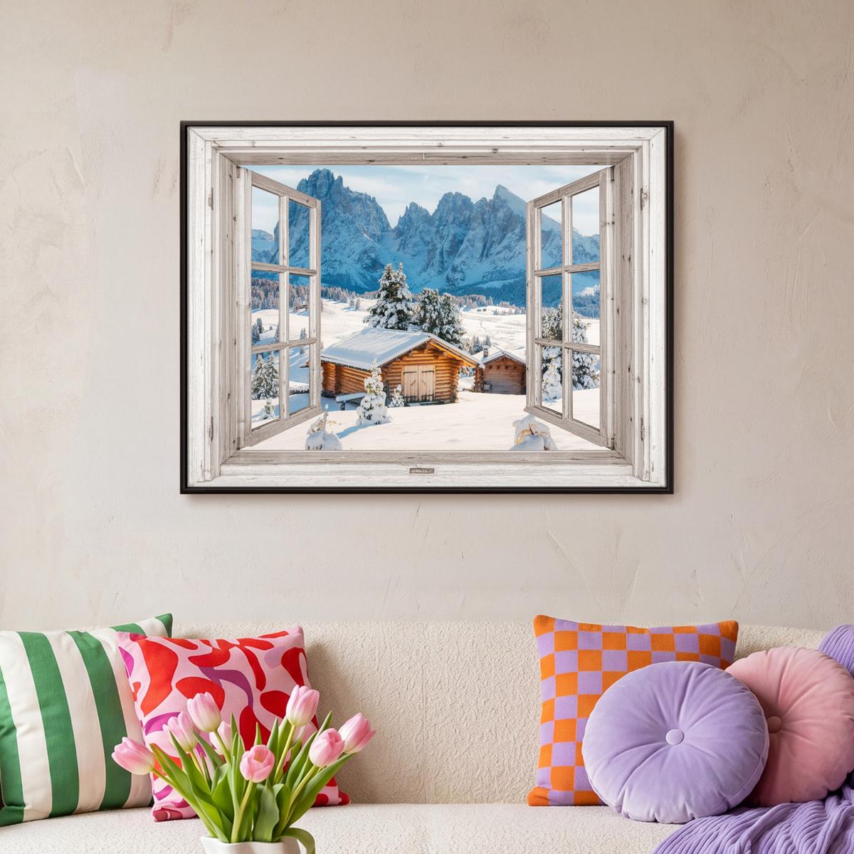 LEINWAND Bilder mit Rahmen - Winterlandschaft - Hütte - Berge - Ausblicke - Aussicht - Natur - 80x60 - Weiß Hochglanz, Textil (80/60cm) - MuchoWow