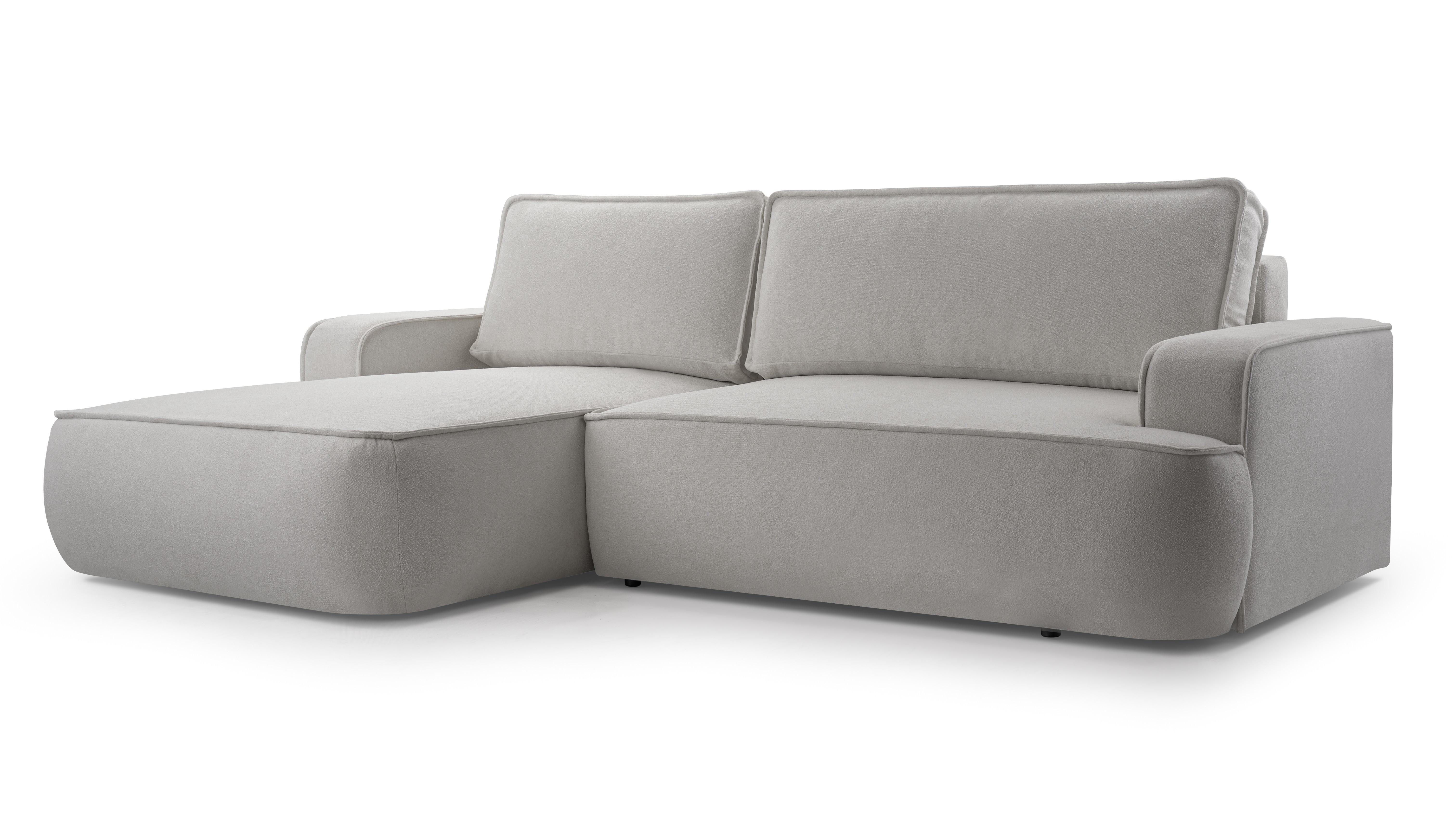 ECKSOFA SOLO Grau Boucle-Stoff mit Schlaffunktion - Grau, Holz (260/168cm) - MASSENO