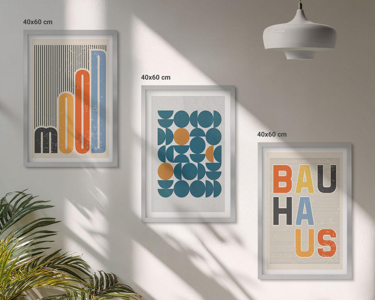 BILDER SET 3er Set - 40x60 cm Silberner Rahmen - Geometrische Muster im Bauhaus-Stil - Silberfarben, Kunststoff (40/60cm) - TULUP