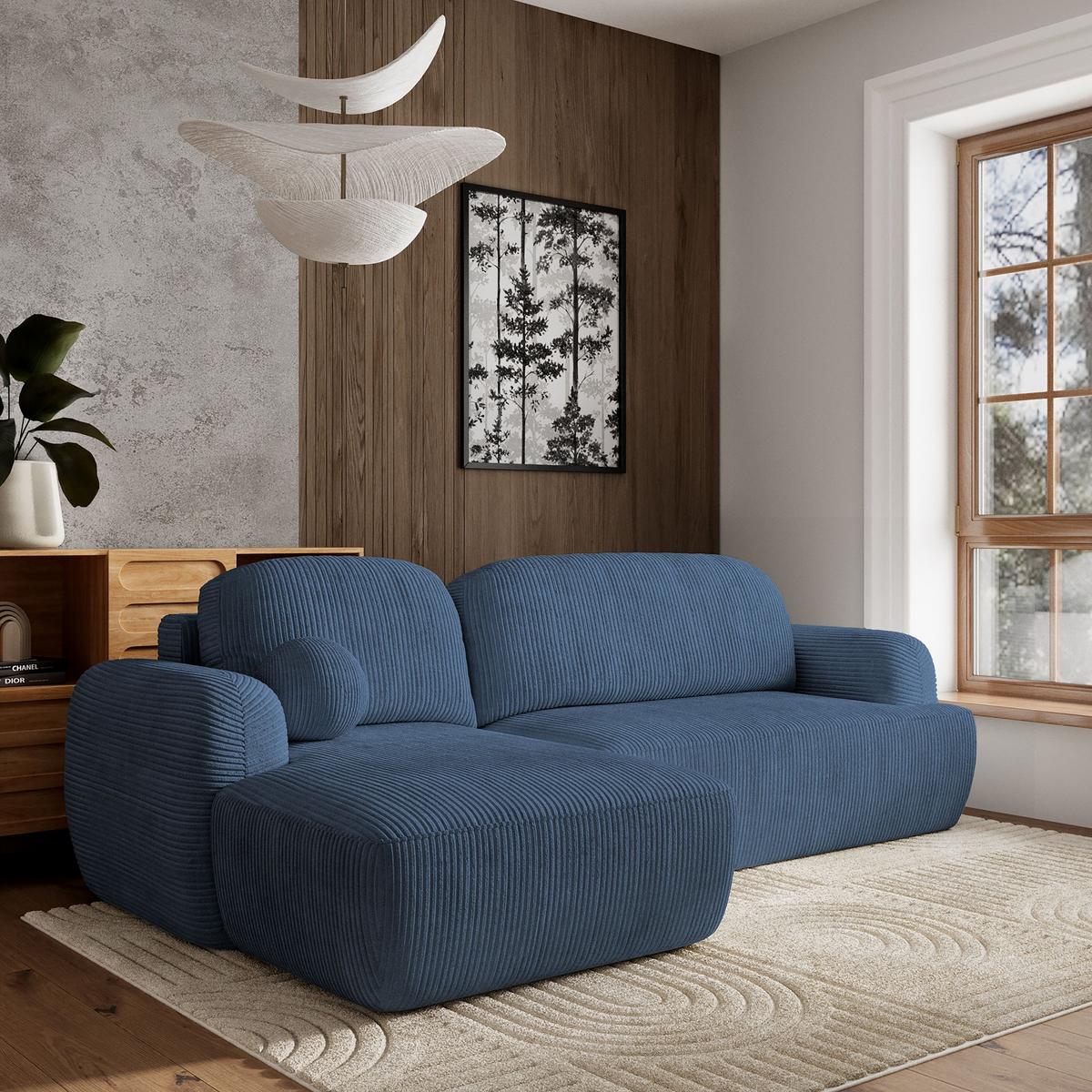 ECKSOFA MODENZA P L-S Blau Kordstoff mit Schlaffunktion - Blau/Schwarz, Holz/Kunststoff (266/148cm) - MASSENO