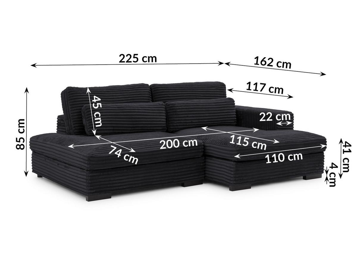 ECKSOFA Wolke mit tiefer Sitzfläche, Schlaffunktion und praktischem Bettkasten aus weichem Schwarz Cordstoff - Schwarz, Holz/Kunststoff (225/162cm) - S-Style