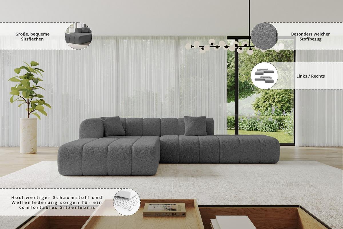 ECKSOFA Ottomane Links BILA-L 289x176x71 Grau Bouclé - Schieferfarben/Schwarz, Holzwerkstoff/Kunststoff (176/289cm) - ALTDECOR