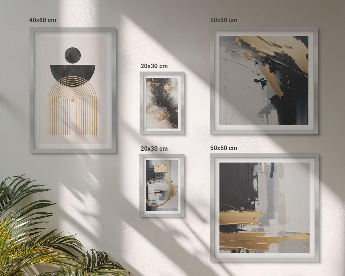 BILDER SET 5er Set - 50x50 cm & 20x30 cm & 40x60 cm Silberner Rahmen - Abstrakte Geometrie-Komposition - Silberfarben, Kunststoff (40/60cm) - TULUP