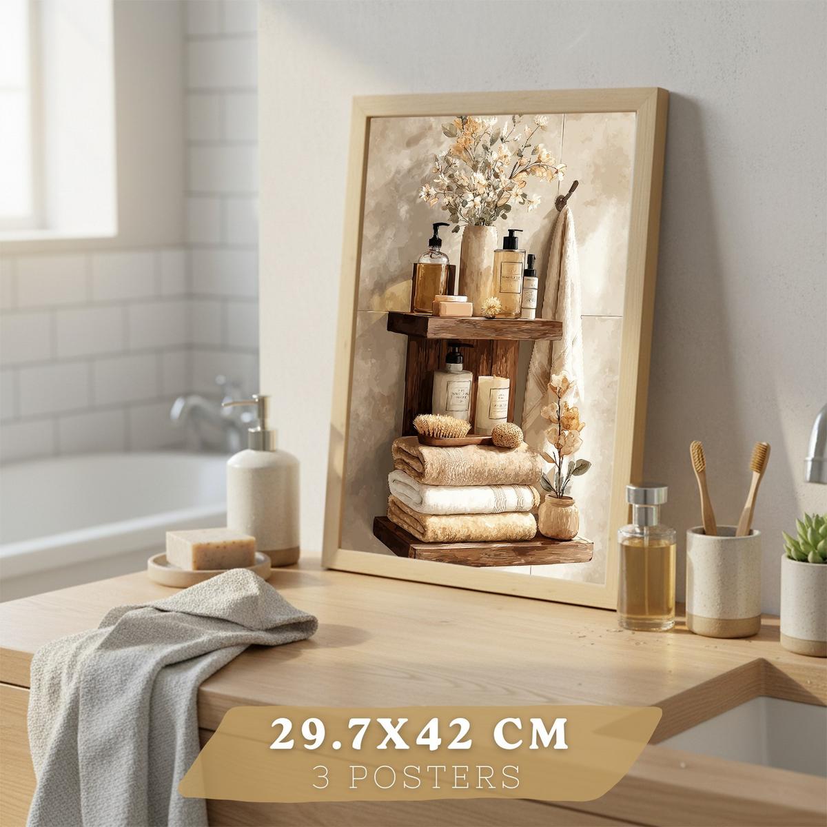 POSTER 3er-Set dekorative Badezimmerdrucke, natürlicher Spa-Stil, minimalistische Bilder mit Blumen Zen-Poster, Wohndekoration Leichter Holzrahmen A3 - Beige, Papier (42/29.7/3cm) - Nacnic