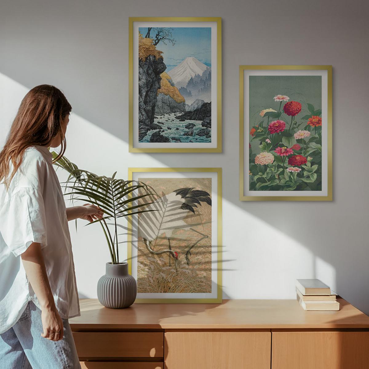 BILDER SET 3er Set - 40x60 cm Goldrahmen - Berglandschaft, Fluss, Blumen, Kraniche - Goldfarben, Kunststoff (40/60cm) - TULUP
