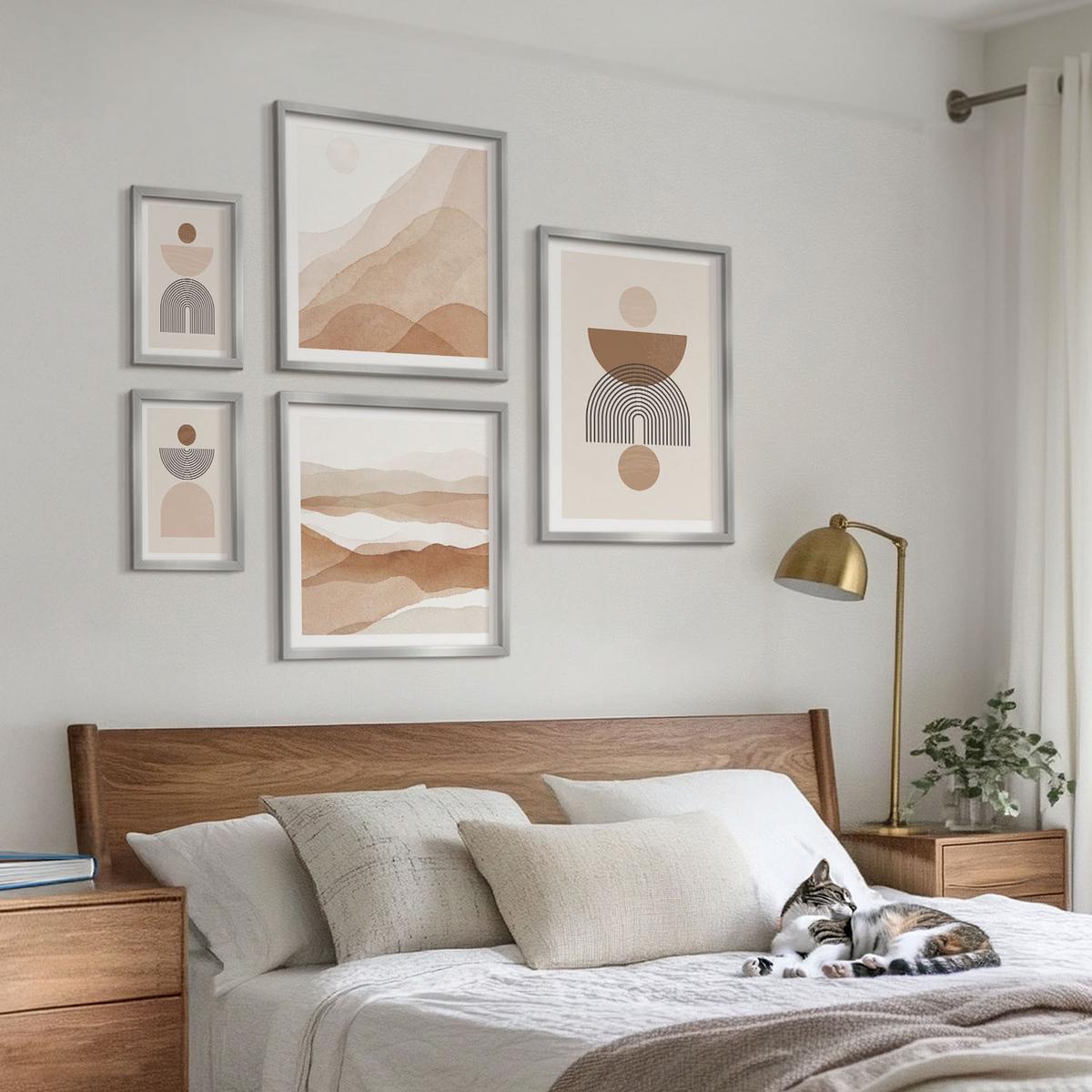 BILDER SET 5er Set - 50x50 cm & 20x30 cm & 40x60 cm Silberner Rahmen - Abstraktes Boho-Design - Silberfarben, Kunststoff (40/60cm) - TULUP