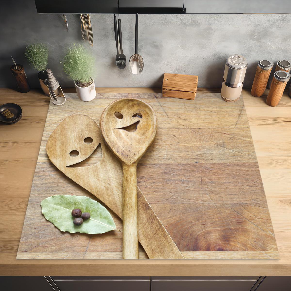 HERDABDECKPLATTE Holz - Löffel - Braun - Smiley Induktionsmatte 78x78 cm - Hellbraun, Kunststoff (78/78/0.2cm) - MuchoWow