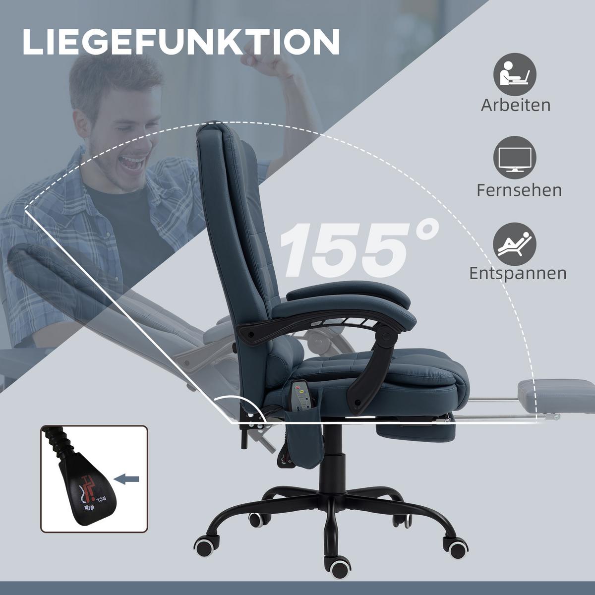 CHEFSESSEL mit 7 Punkt Massage, ergonomischer Chefsessel mit Liegefunktion - Blau/Schwarz, Kunststoff/Metall (67/121/67cm) - Vinsetto