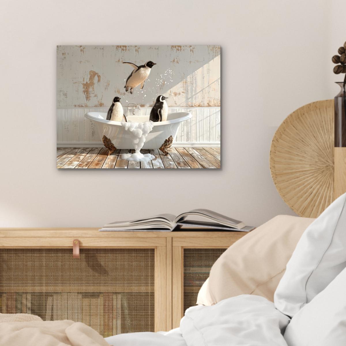 METALLBILD Vintage - Pinguin - Badewanne - Schaumstoff 40x30 cm - Schwarz, Metall (40/30cm) - MuchoWow