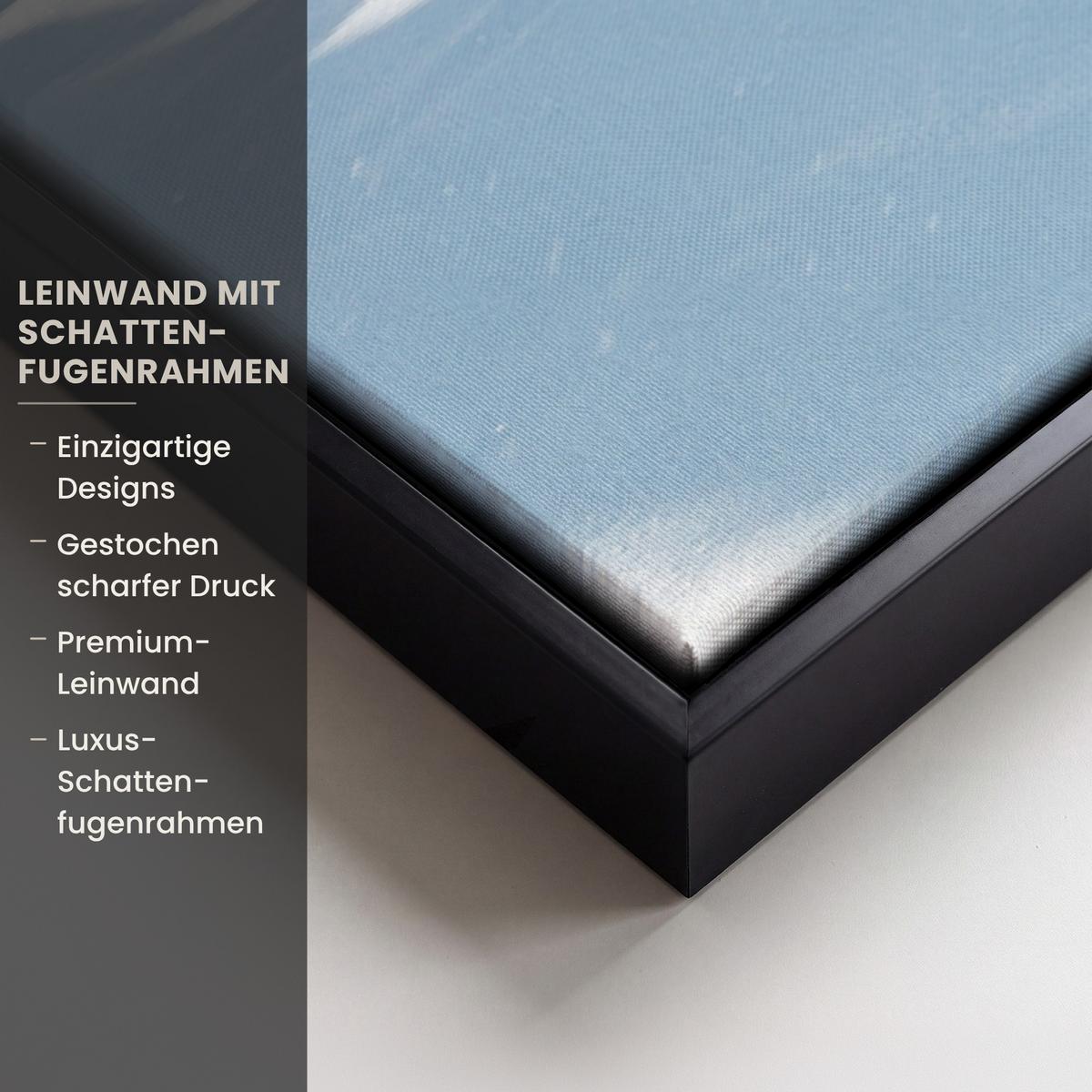 LEINWAND Bilder mit Rahmen - Winterlandschaft - Natur - Berge - Bäume - Schnee - 140x90 - Hellblau, Textil (140/90cm) - MuchoWow