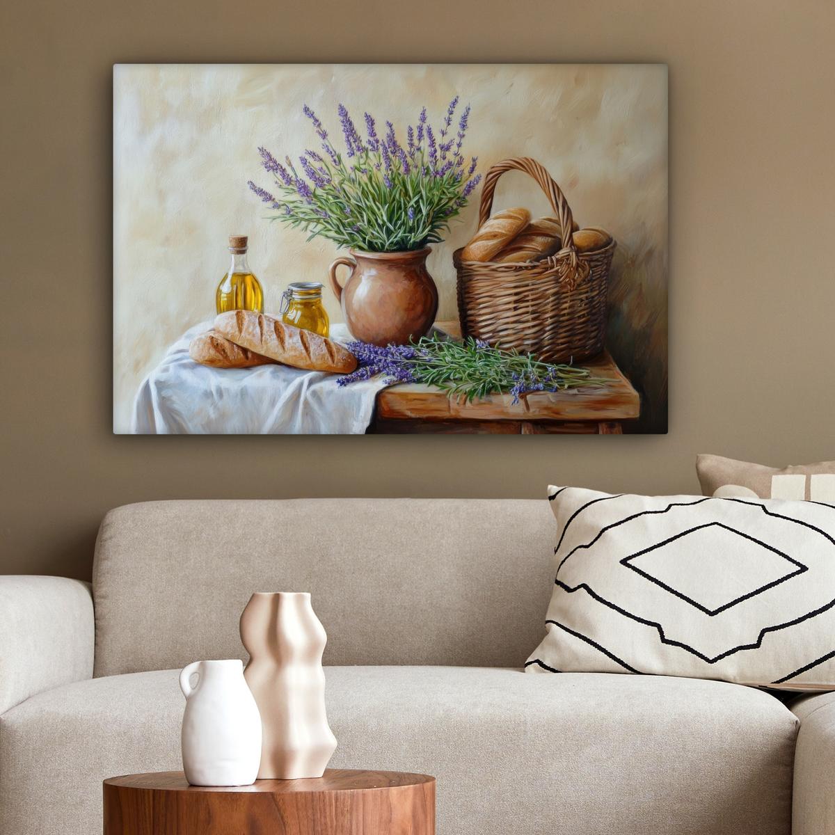 LEINWANDBILD Lavendel - Brot - Stilleben Wanddeko 90x60 cm - Flieder, Textil (90/60cm) - MuchoWow