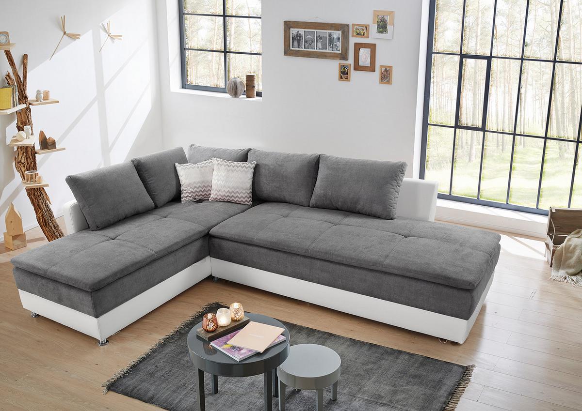 ECKSOFA-DAUERSCHLÄFER Doppelbett Boxspring Federkern Topper, Schwenkteil rechts B306/T223/H95 cm , Kunstleder Weiß+Mikrofaser Hellgrau / 15104 - Chromfarben/Hellgrau, Kunststoff/Textil (306/223cm) - luma-home