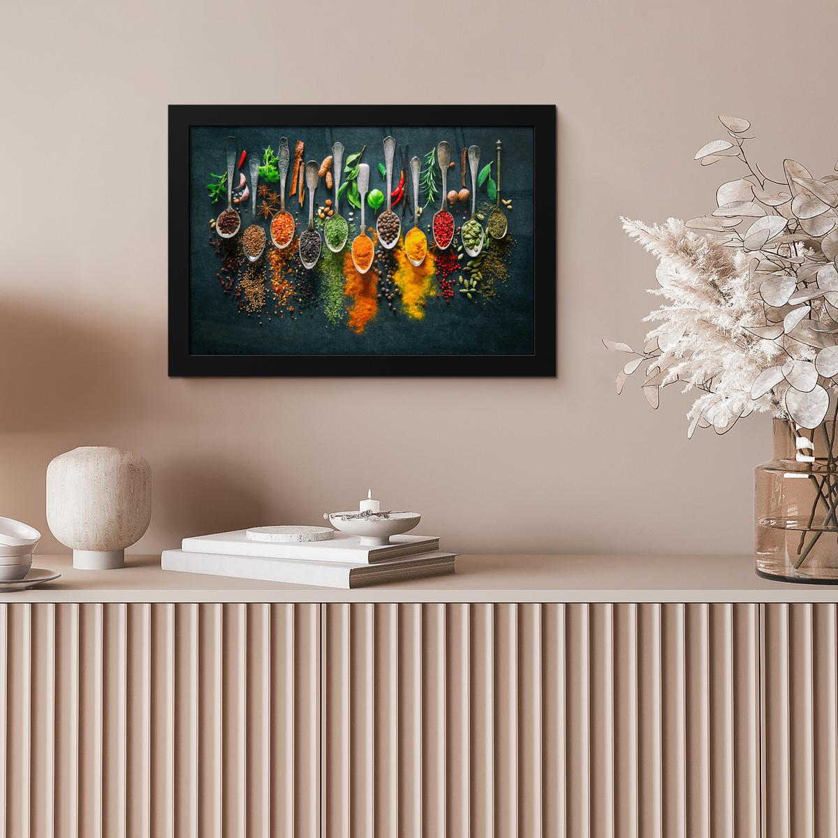 POSTER MIT RAHMENGERAHMTES BILD Kräuter - Gewürze - Löffel 30x20 cm - Currygelb, Papier (30/20cm) - MuchoWow