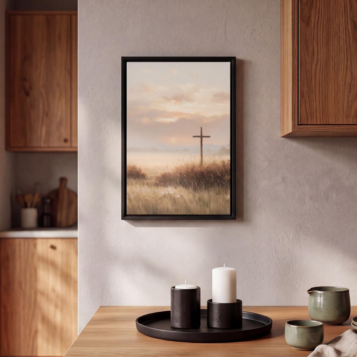 LEINWAND Bilder mit Rahmen - Gras - Morgennebel - Kreuz - Christentum - 20x30 - Beige, Textil (20/30cm) - MuchoWow