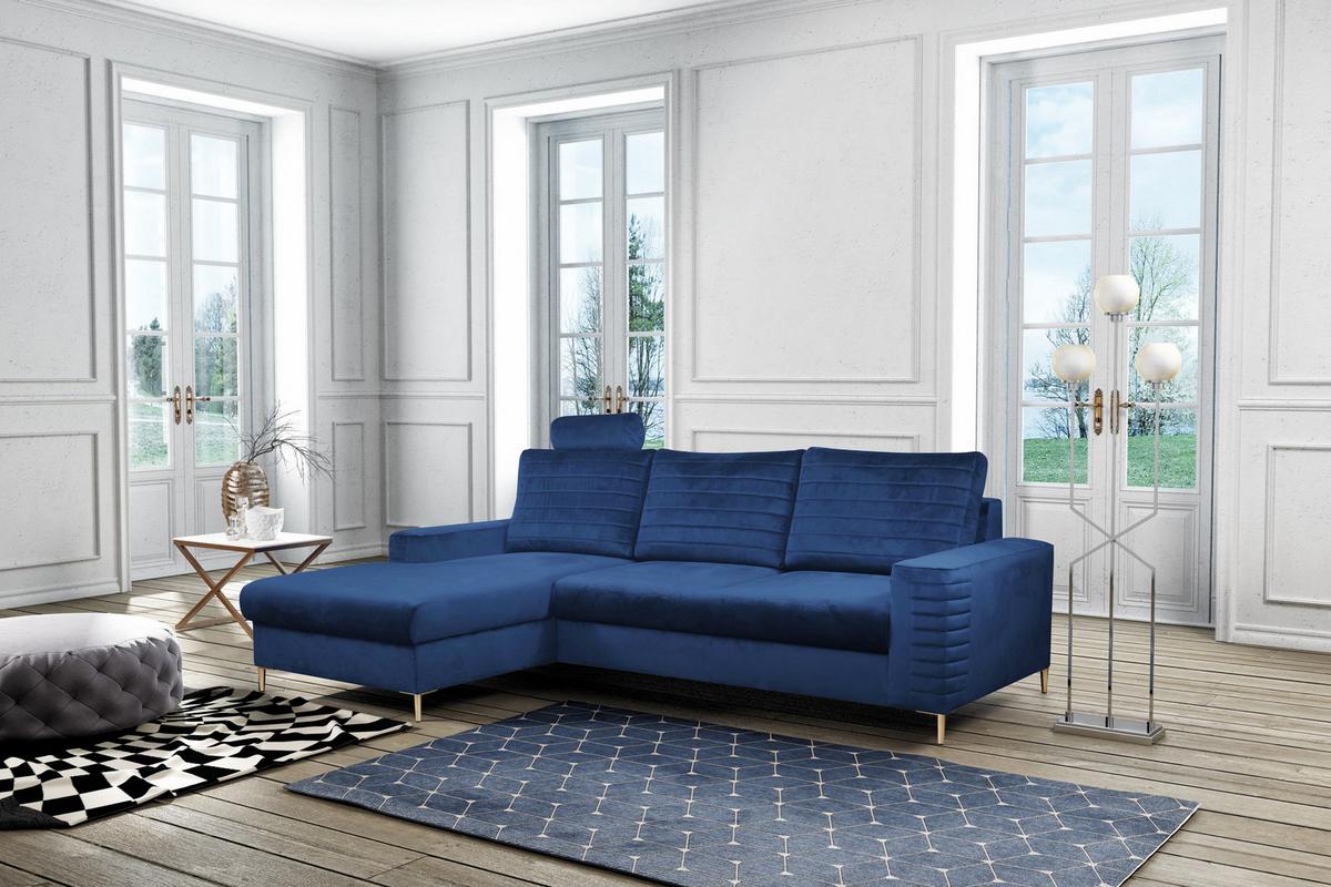 ECKSOFA GRIFO L-S Blau Velours-Stoff mit Schlaffunktion - Blau, Holz (253/165cm) - MASSENO