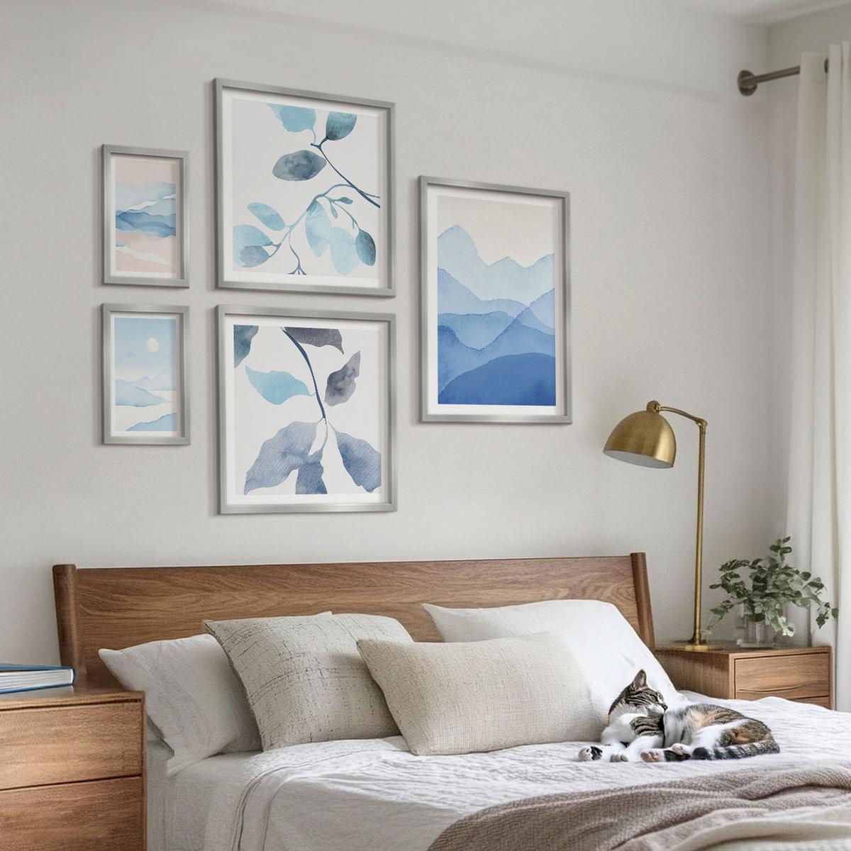 BILDER SET 5er Set - 50x50 cm & 20x30 cm & 40x60 cm Silberner Rahmen - Berglandschaften, Aquarellpflanzen - Silberfarben, Kunststoff (40/60cm) - TULUP