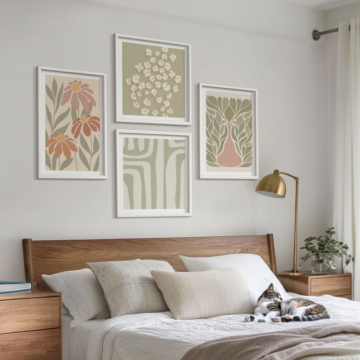 BILDER SET 4er Set - 50x50 cm & 40x60 cm Weißer Rahmen - Floraler minimalistischer Boho-Stil - Weiß, Kunststoff (50/50cm) - TULUP