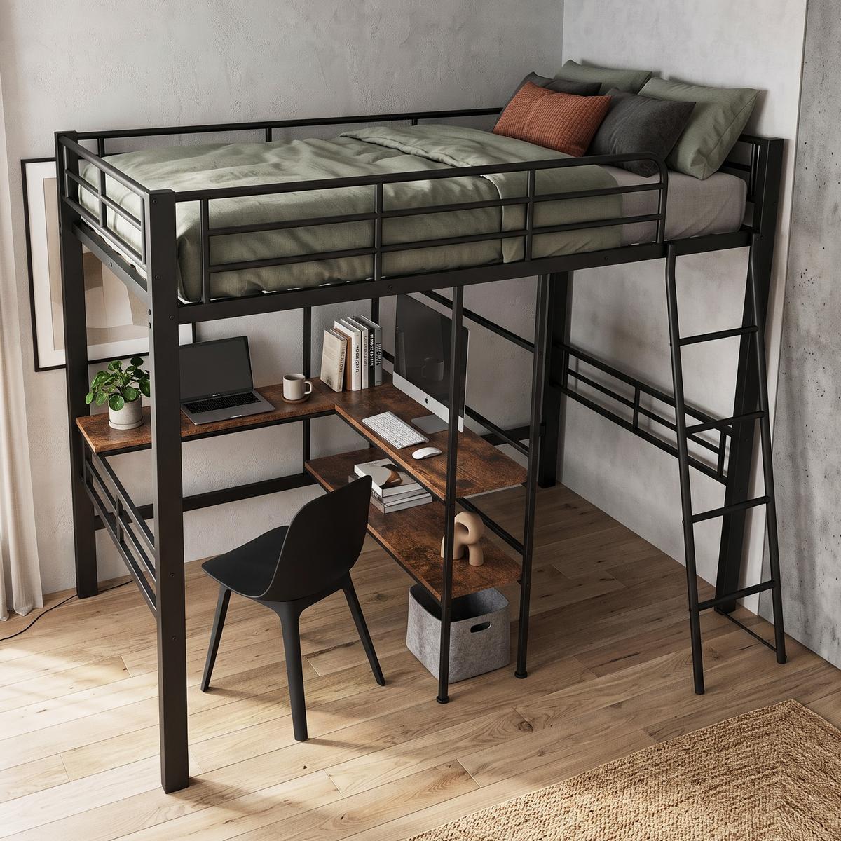 HOCHBETT metall schwarz 90x200cm mit schreibtisch regal - Schwarz, Metall (90/200cm) - Urban Meuble
