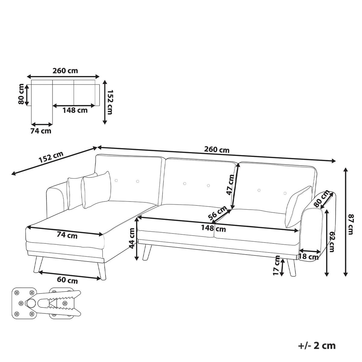 ECKSCHLAFSOFA 3-Sitzer Stoff Weiß rechtsseitig Kaarina - Hellbraun, Textil (260/152cm) - Beliani