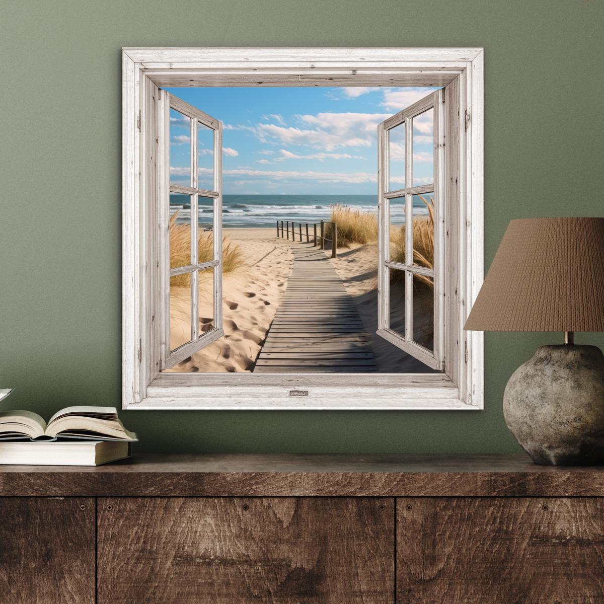 METALLBILD Fenster - Meer - Küste - Natur - Ausblick - Strand - Wattenmeer 50x50 cm - Beige, Metall (50/50cm) - MuchoWow