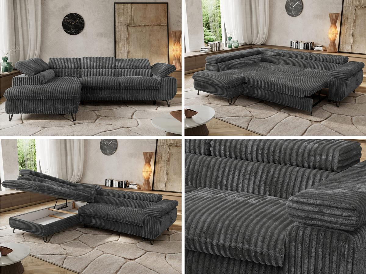 ECKSOFA PABLO L Dunkelgrau Cord - Links Seite - Dunkelgrau/Schwarz, Textil/Metall (208/273cm) - MKS