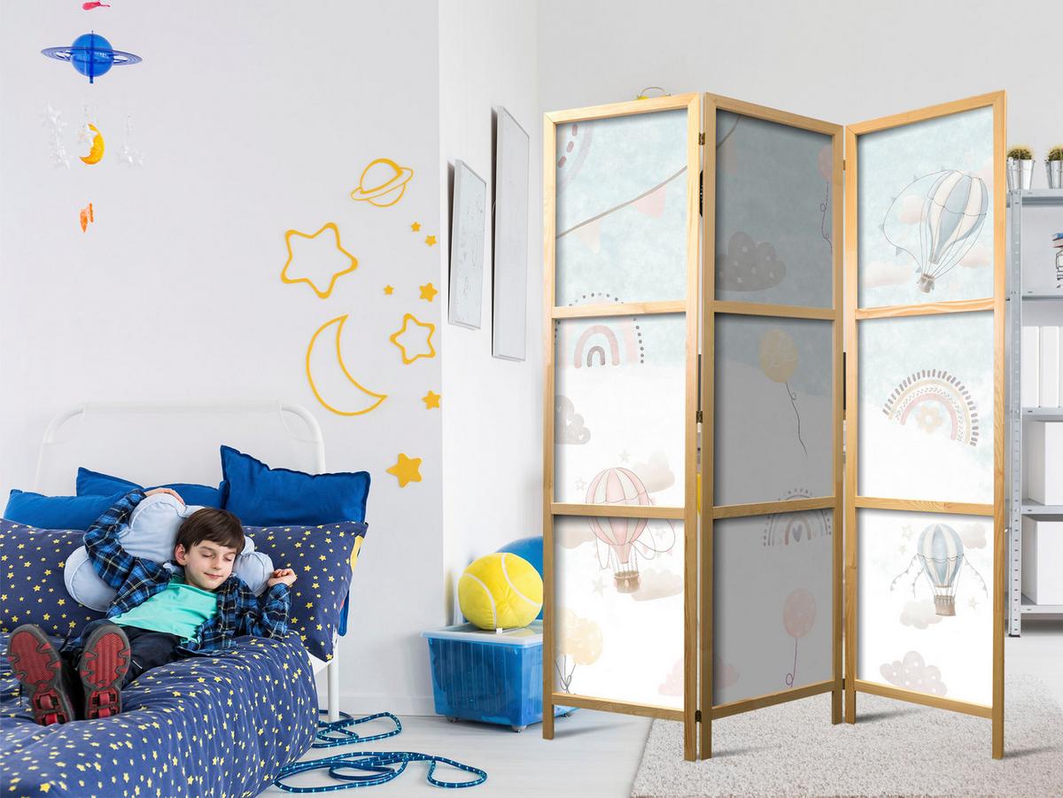 PARAVENT Japanischer 3-tlg 135x172 cm Ballons und Wolken - Weiß, Holz/Textil (135/172/3cm) - Muralo
