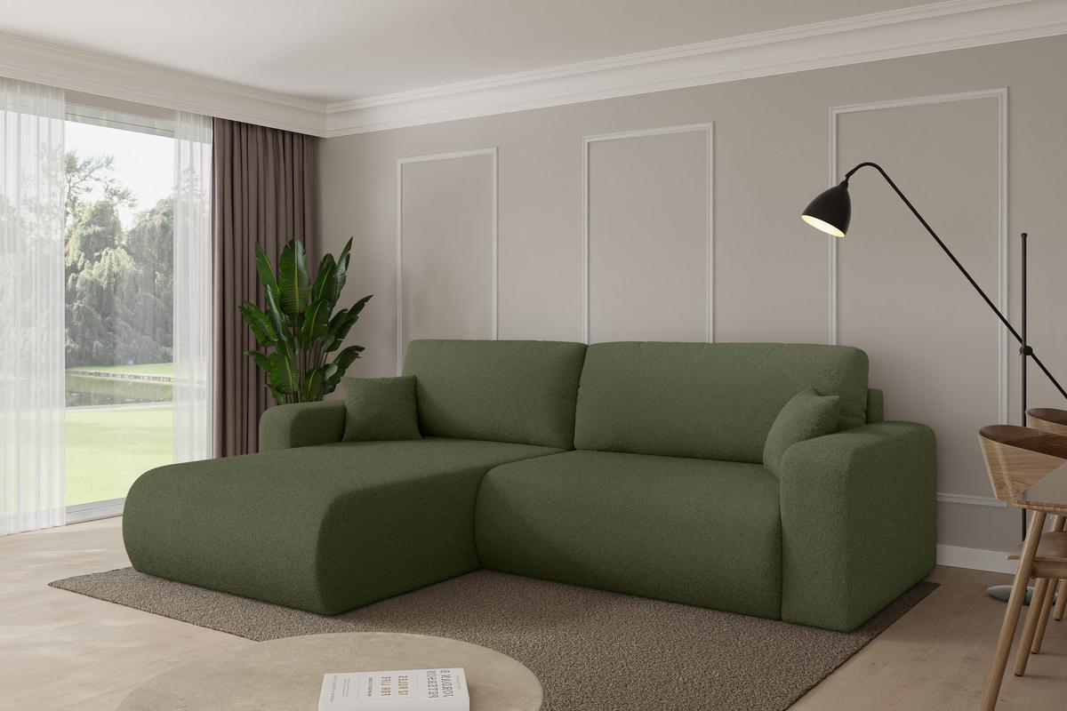 ECKSOFA mit Schlaffunktion Ottomane Links BERY-L 276x193x88 Grün Bouclé - Schwarz/Olivgrün, Holzwerkstoff/Kunststoff (276/193cm) - ALTDECOR