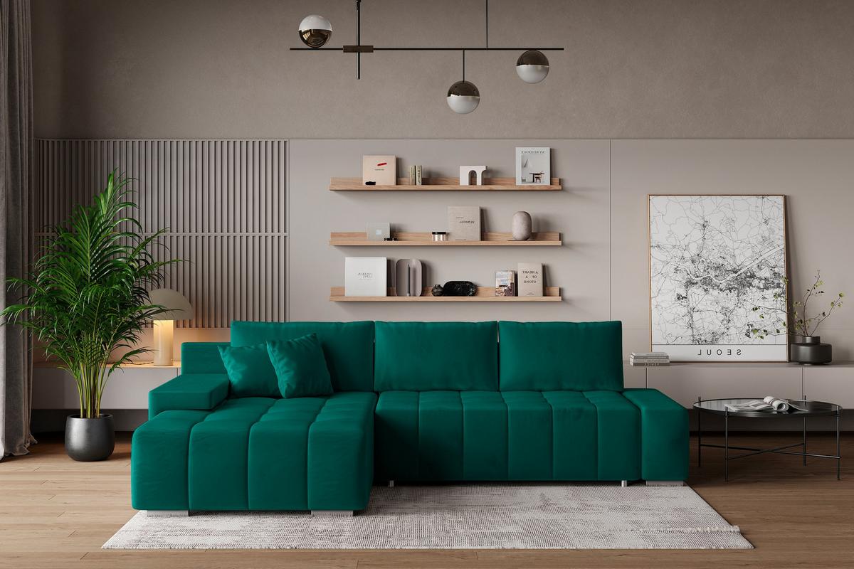 ECKSOFA ALESE L-S Grün Velours-Stoff mit Schlaffunktion - Silberfarben/Grün, Holz/Textil (265/185cm) - MASSENO