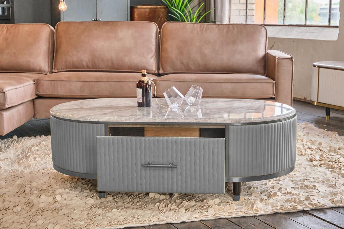 COUCHTISCH MARIA Grau Kunstleder, Marmor - Schwarz/Grau, Textil/Metall (70/130/45cm) - KAWOLA