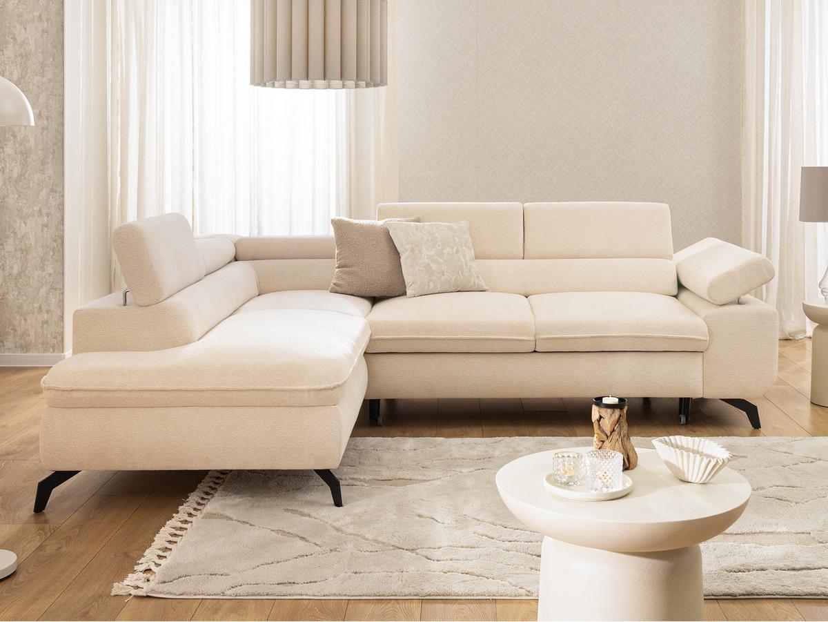 ECKSOFA mit Schlaffunktion und Bettkasten Bonnie aus Hellbeige Chenille-Stoff mit verstellbaren Kopfstützen und Armlehne - Ottomane links - Beige/Schwarz, Holz/Textil (275/210cm) - S-Style Möbel