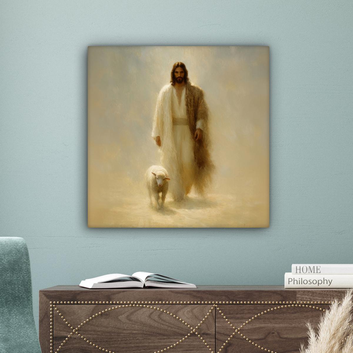 LEINWANDBILD Schaf - Jesus - Pinselstriche - Abstrakt Wandbild Wohnzimmer 50x50 cm - Sandfarben, Textil (50/50cm) - MuchoWow