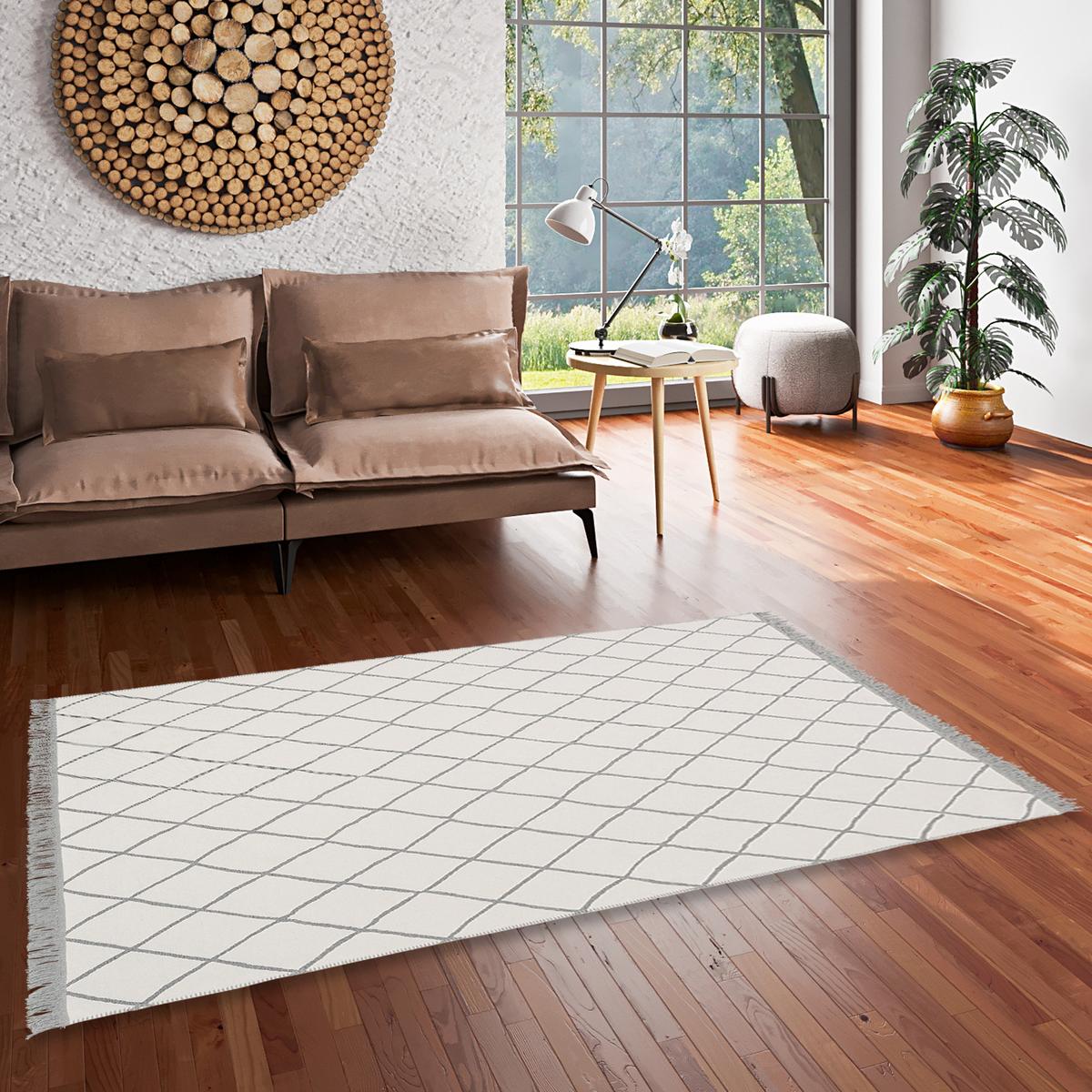 TEPPICH BEIDSEITIG ETHNO KELIM RAUTEN - Weiß/Grau, Textil (140/200cm) - Pergamon