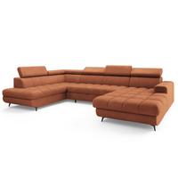 WOHNLANDSCHAFT CORENO Orange Boucle-Stoff mit Schlaffunktion - Terracotta, Holz (345/88/190cm) - MASSENO