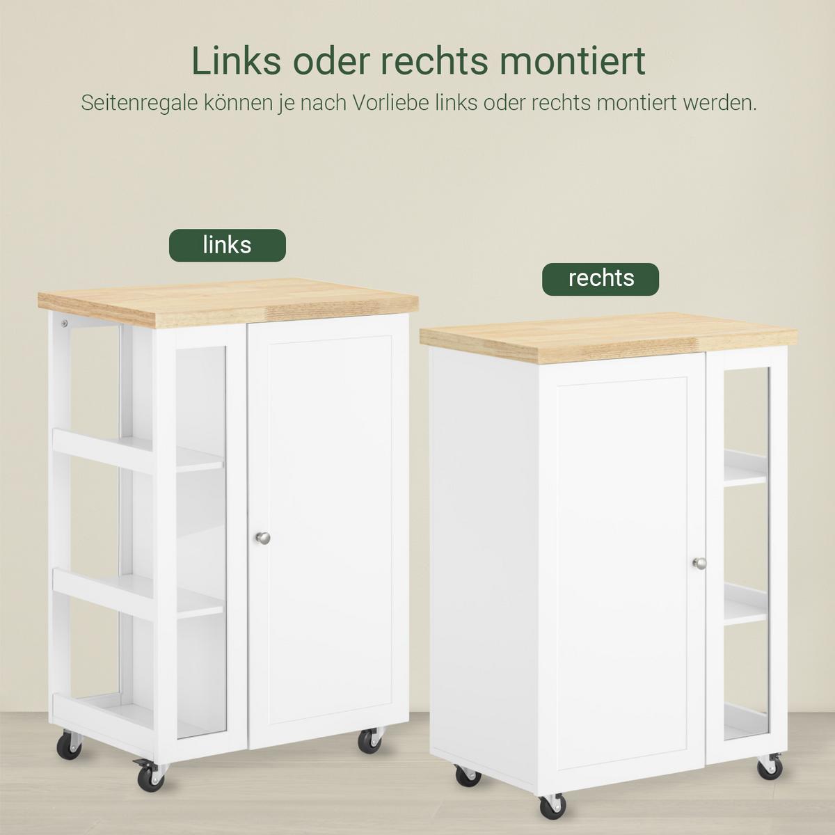 KÜCHENWAGEN weiß mit Rollen, 60 x 90 x 40 cm, 3-stufiges Seitenregal, Schrank mit verstellbaren Einlegeböden, für Küche und Esszimmer - Weiß, Glas/Holzwerkstoff (60/90/40cm) - SoBuy
