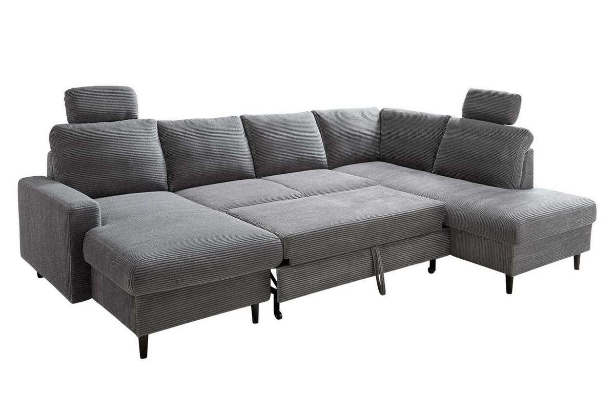 WOHNLANDSCHAFT mit Schlaffunktion Bettkasten Wellenunterfederung, 2 Kopfstützen, U-Form B305/T200/H88 cm, Cord Dunkelgrau / 17206 - Dunkelgrau/Anthrazit, Holz/Textil (305/88/200cm) - luma-home