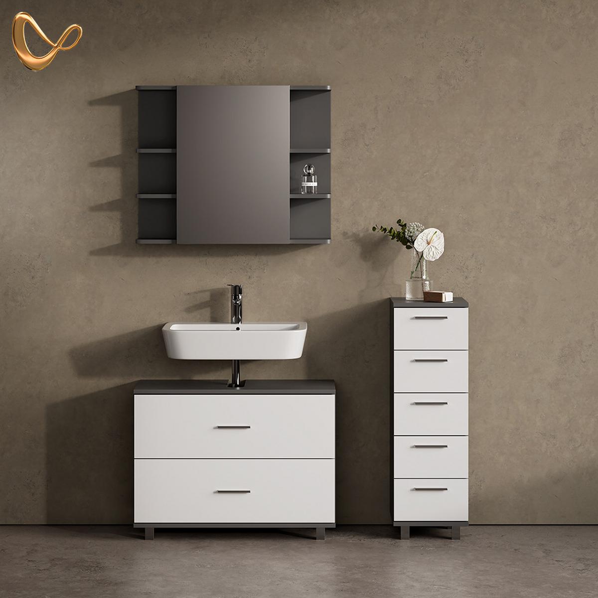 BADMÖBEL-SET Eisak Weiß/Anthrazit 3 Teile, mit Unterschrank 80 cm - Anthrazit/Weiß, Holzwerkstoff (80/60/33cm) - Livinity®