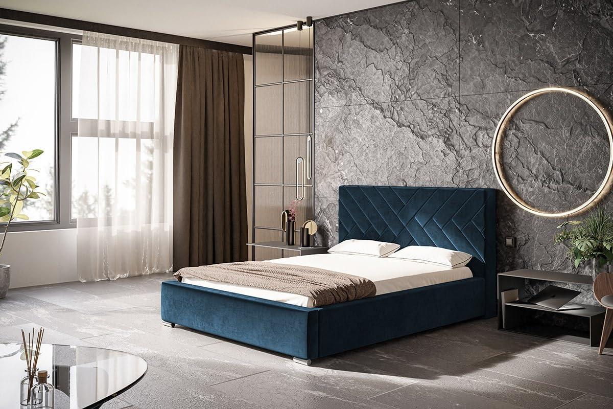 POLSTERBETT Monaco mit Kopfteil, 140x200 cm, Doppelbett mit Bettkasten und Lattenrost aus Holz, Velourstoff Dunkelblau - Dunkelblau, Holz/Textil (140/200cm) - Alpi-Möbel