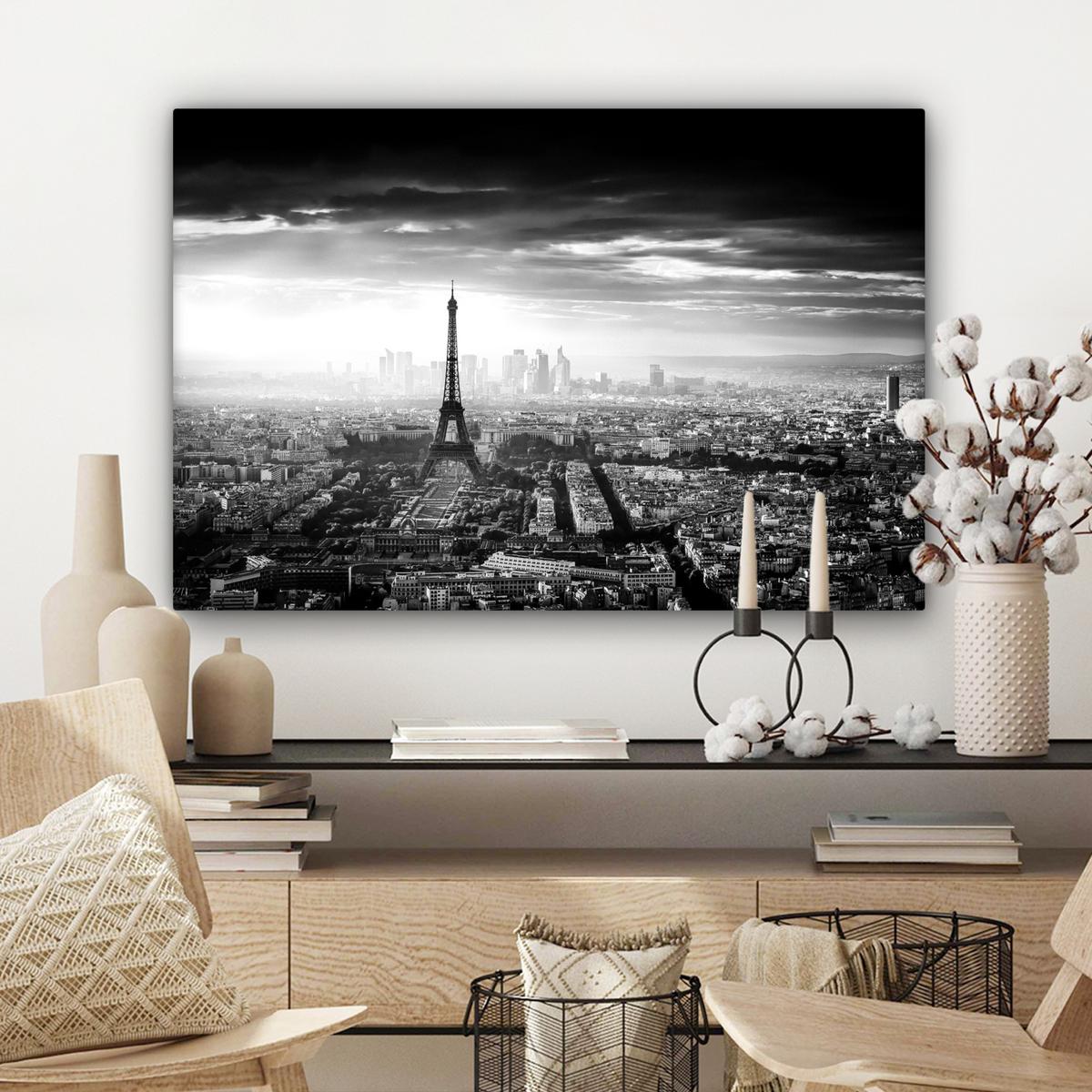 LEINWANDBILD Paris - Skyline - Eiffelturm - Stadt - Wolken Gemälde 60x40 cm - Dunkelgrau, Textil (60/40cm) - MuchoWow