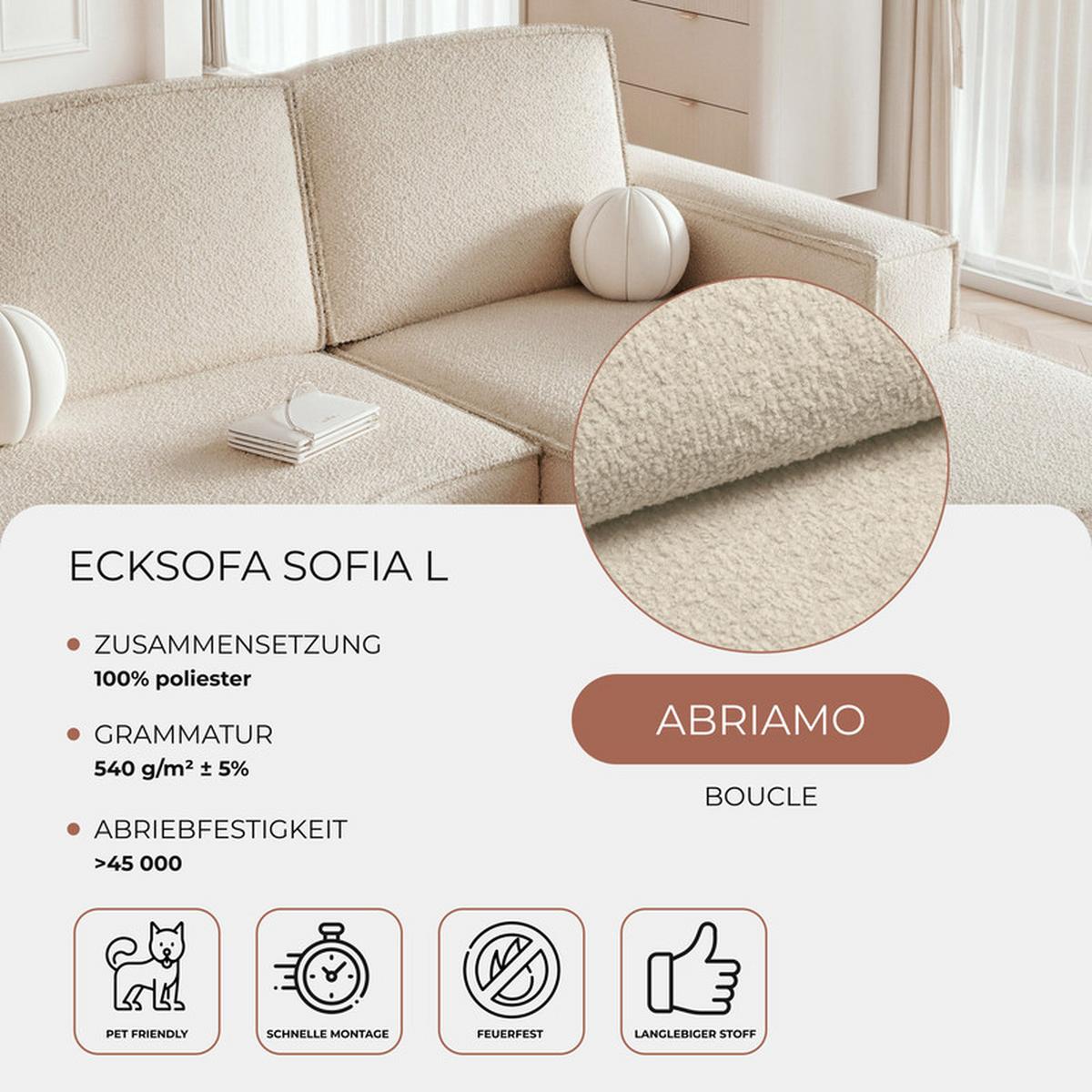 ECKSOFA SOFIA Bouclé-Stoff in Creme - Creme, Holzwerkstoff/Kunststoff (210/157cm) - Idohome