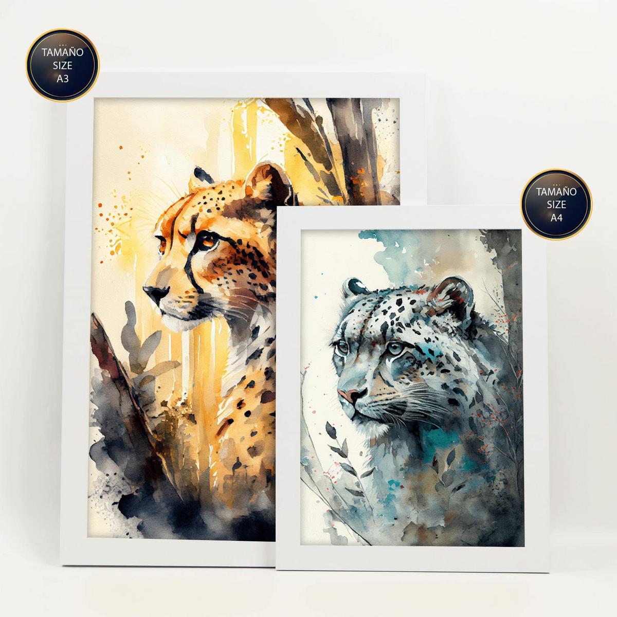 POSTER Set Mit 6 Katzen Illustrationen Von Tieren In Naturlandschaften, Realistischer Aquarellstil Innenarchitektur A3 & A4 Weißer Rahmen - Weiß, Papier (29/3cm) - Nacnic