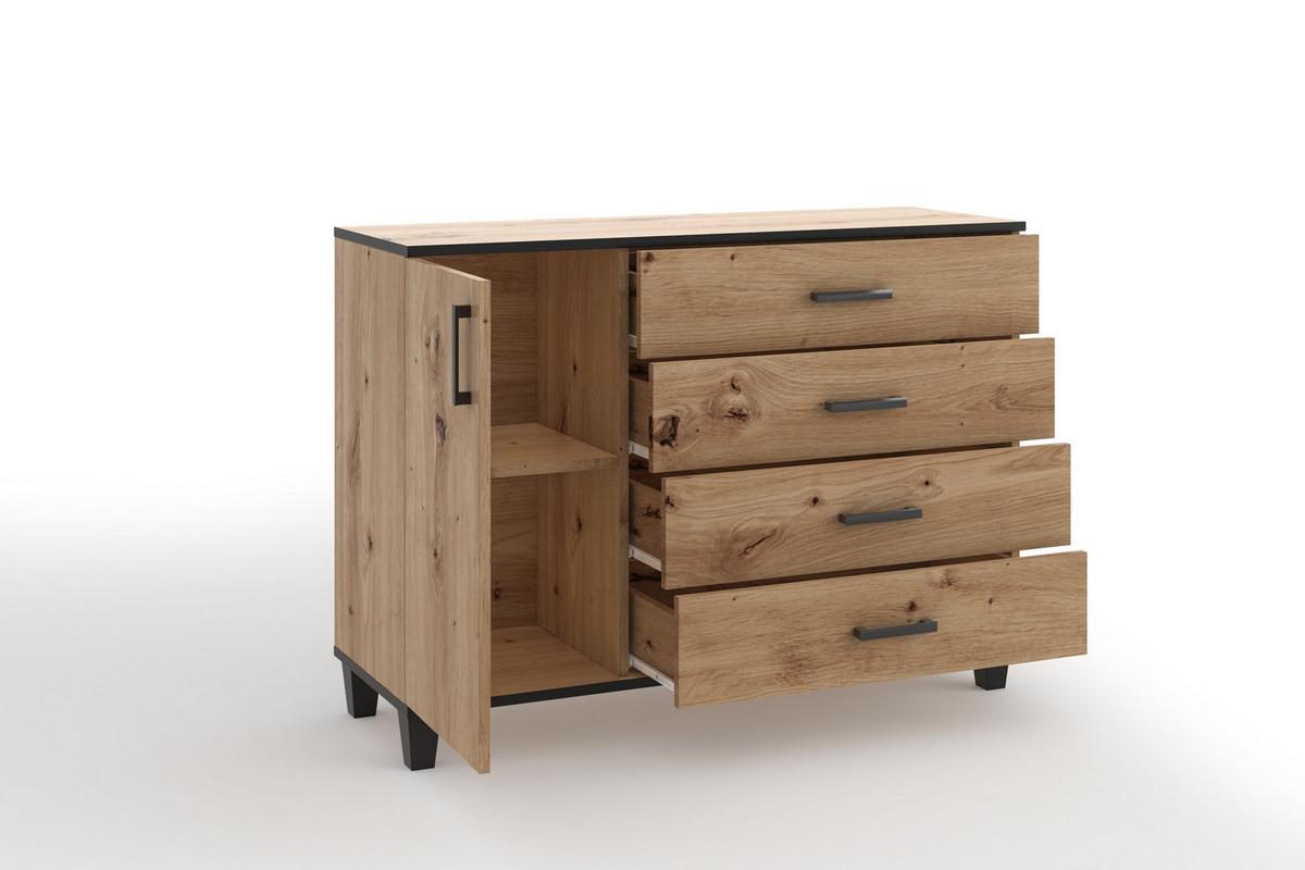 KOMMODE CORTEZA 120/90/40cm mit 4 Schubladen 1 Türen Eiche Artisan - Eiche Artisan, Holzwerkstoff (120/90/40cm) - MASSENO