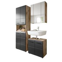 BADMÖBEL-SET 3-teilig schwarz matt, Nox Eiche inklusive Hochschrank 4-türig, 135 x 185 cm - Eichefarben/Schwarz, Glas/Holzwerkstoff (135/185/30cm) - Inn.Furn