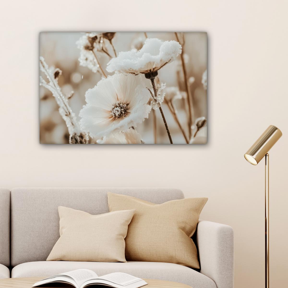 LEINWANDBILD Blumen - Winter - Weiß - Schnee - Beige Gemälde 60x40 cm - Creme, Textil (60/40cm) - MuchoWow