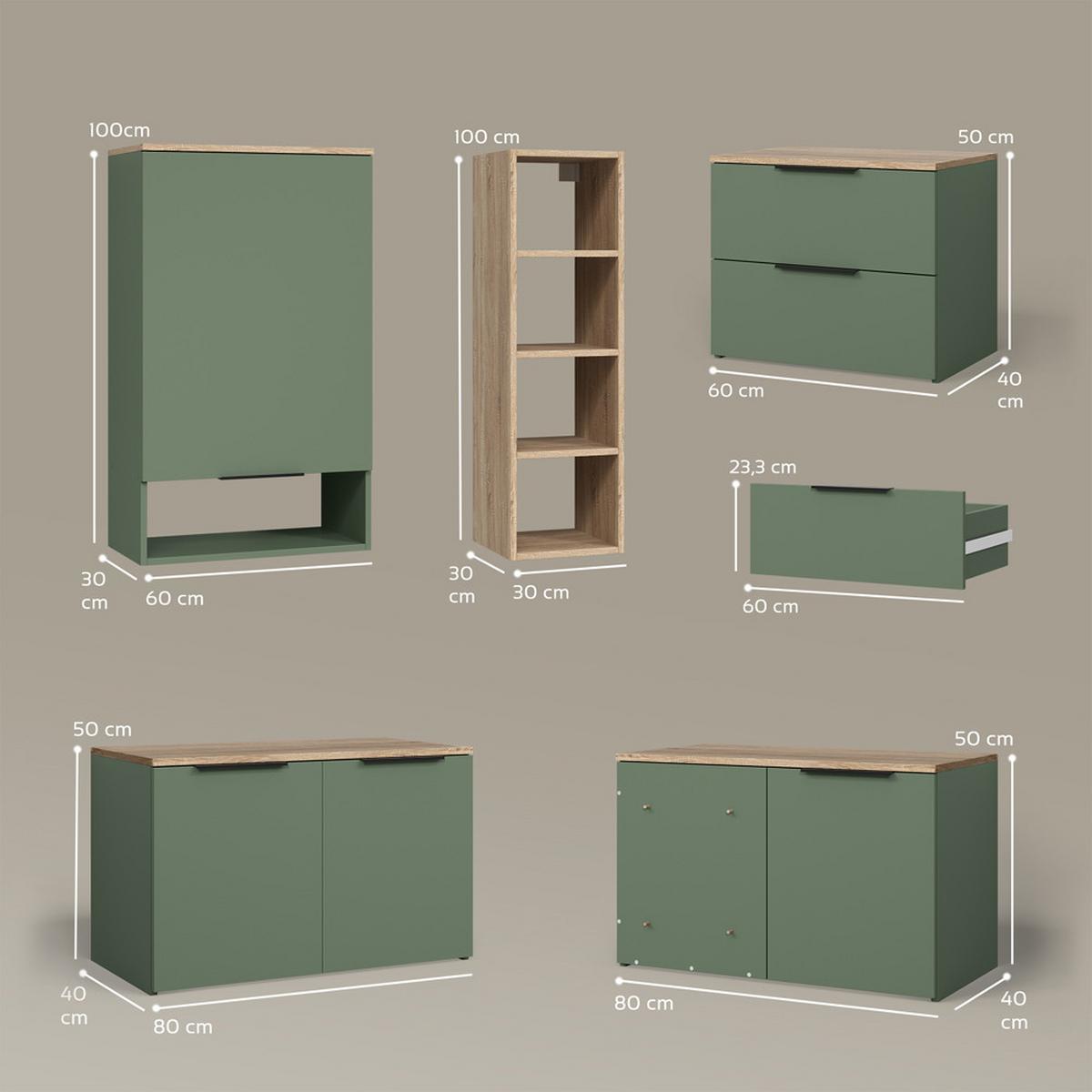 WOHNWAND Piave Grün 5 Teile - Grün, Holzwerkstoff (80/50/40cm) - Livinity®