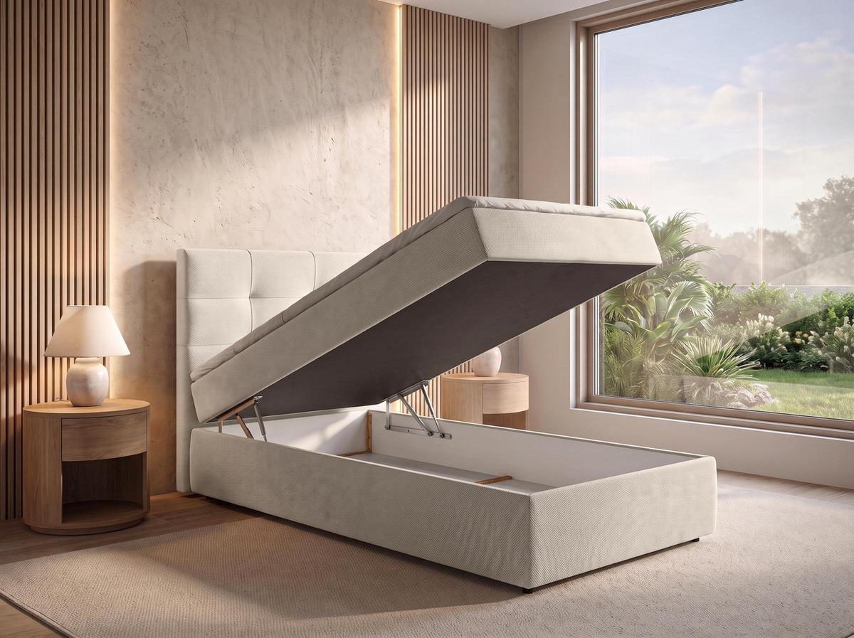 BOXBETT SAKARYA 120x200 cm mit Bettkasten und Matratze - Beige + TOPPER - Beige/Schwarz, Holz/Holzwerkstoff (120/200cm) - AX Living